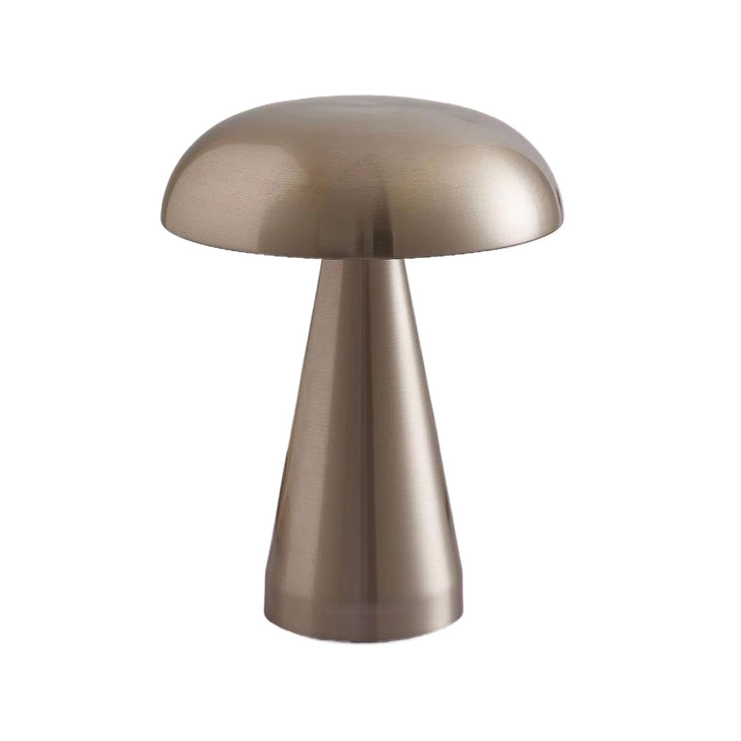 Contemporary retro metal table lamp in brushed nickel with dome shade and modern stem