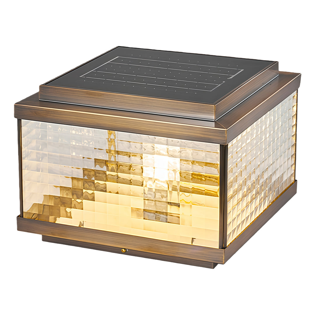 Contemporary pillar cap light showcasing horizontal ribbed glass and dark solar panel top design