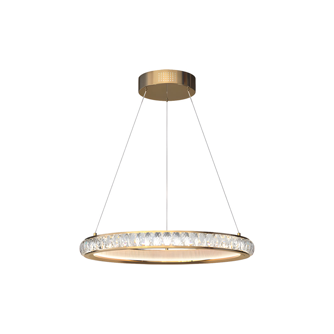 Contemporary round gold crystal chandelier showcasing circular design with integrated crystal elements in gold tone