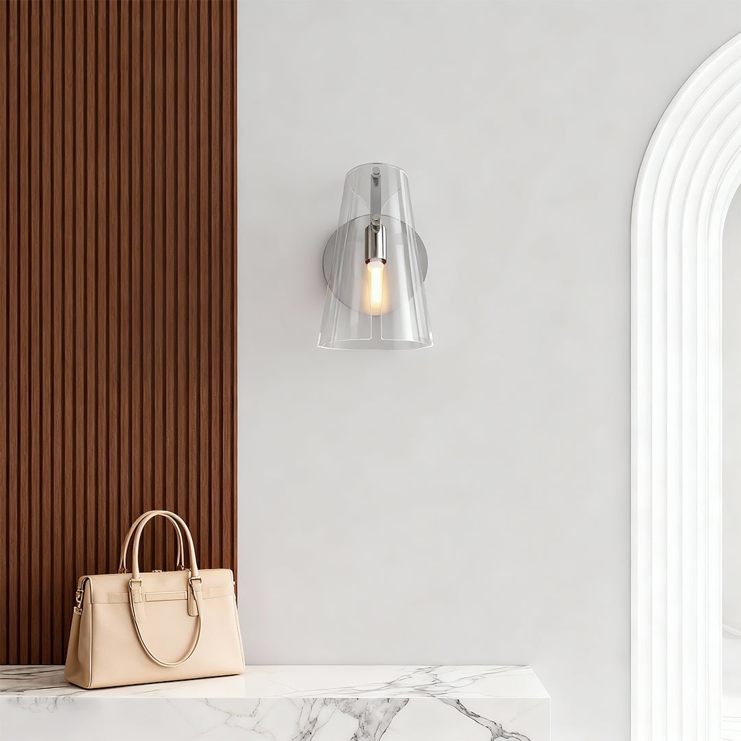 Modern luxury chandeliers style contemporary wall sconce lighting in elegant hallway with wood slat wall