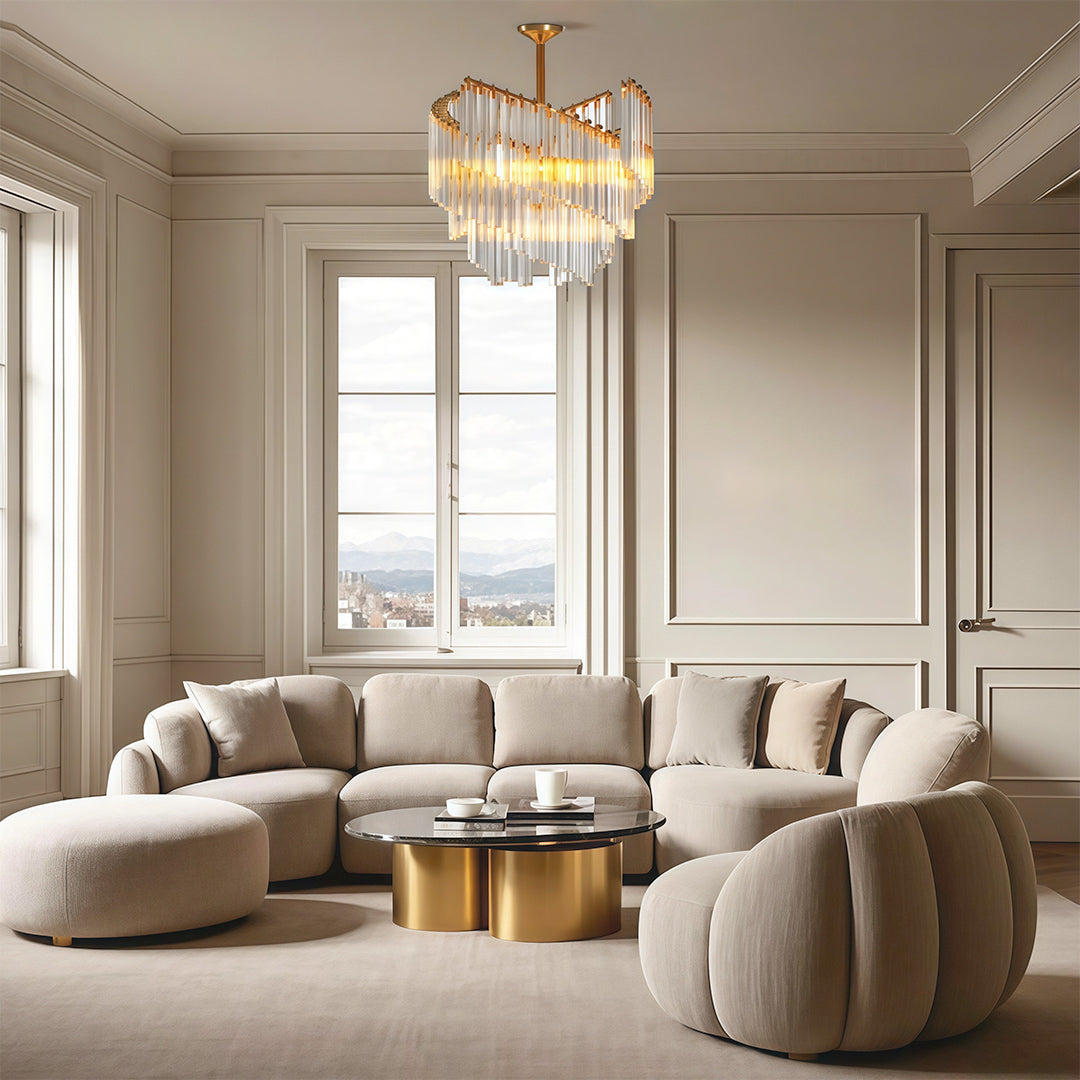 Modern luxury chandeliers style contemporary wall sconce lighting in elegant living room with neutral tones