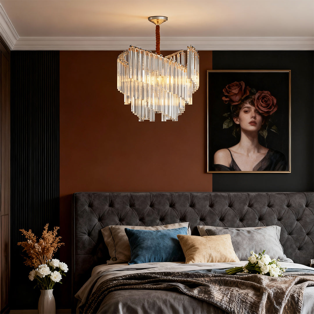 Contemporary wall sconce lighting illuminating luxurious bedroom with dark tufted headboard