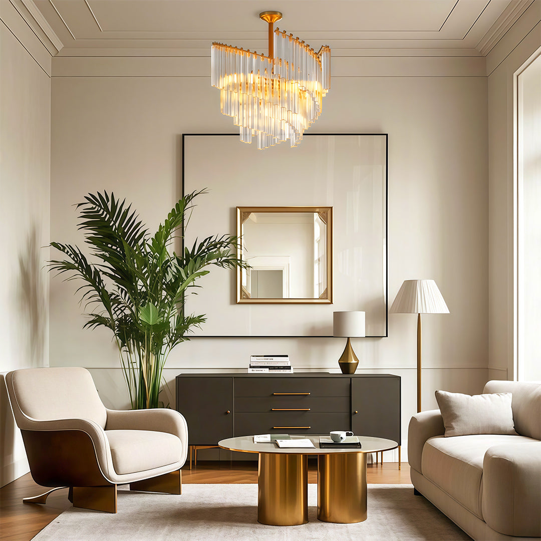 Contemporary wall sconce lighting enhancing serene bedroom with brass accent table and greenery
