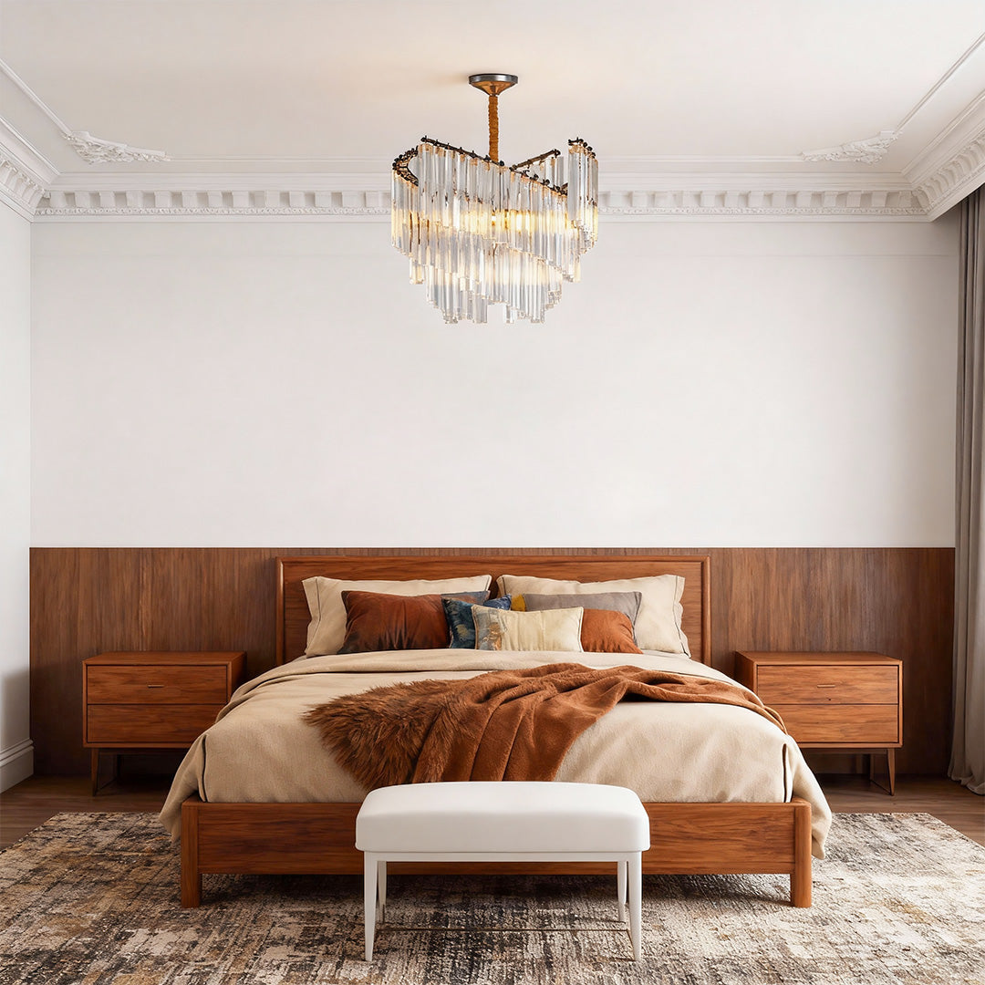 Contemporary wall sconce lighting creating warm ambiance in bedroom with brown leather headboard