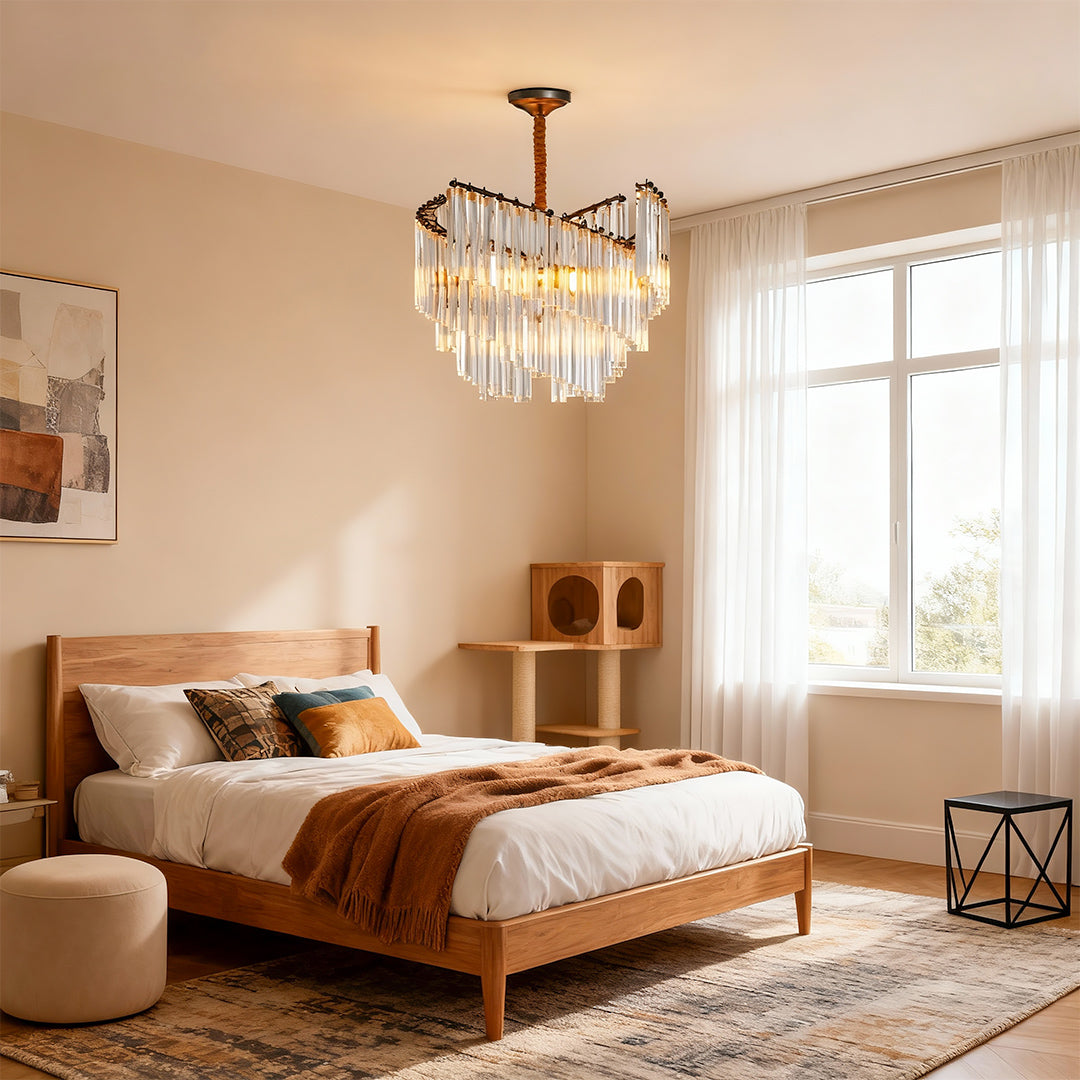 Modern luxury chandeliers inspired contemporary wall sconce lighting above wooden bed with rust bedding