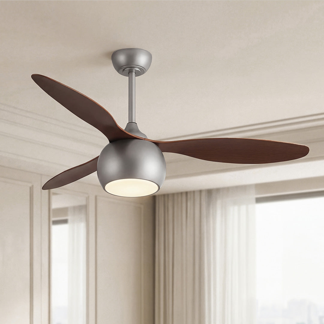 Contemporary silver ceiling fan with light featuring dark wood blades and a brushed nickel finish.