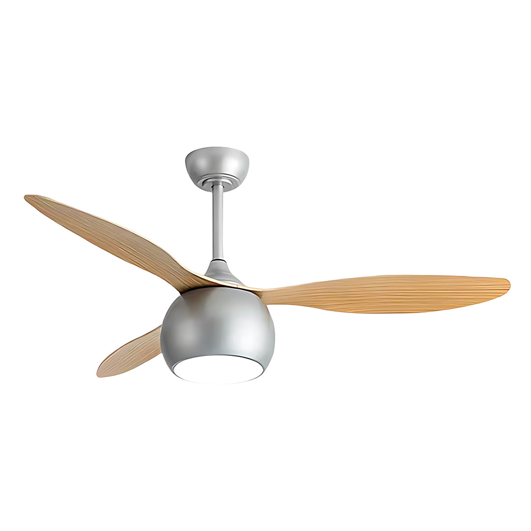 Contemporary silver ceiling fan with light displaying natural wood blades and integrated LED fixture