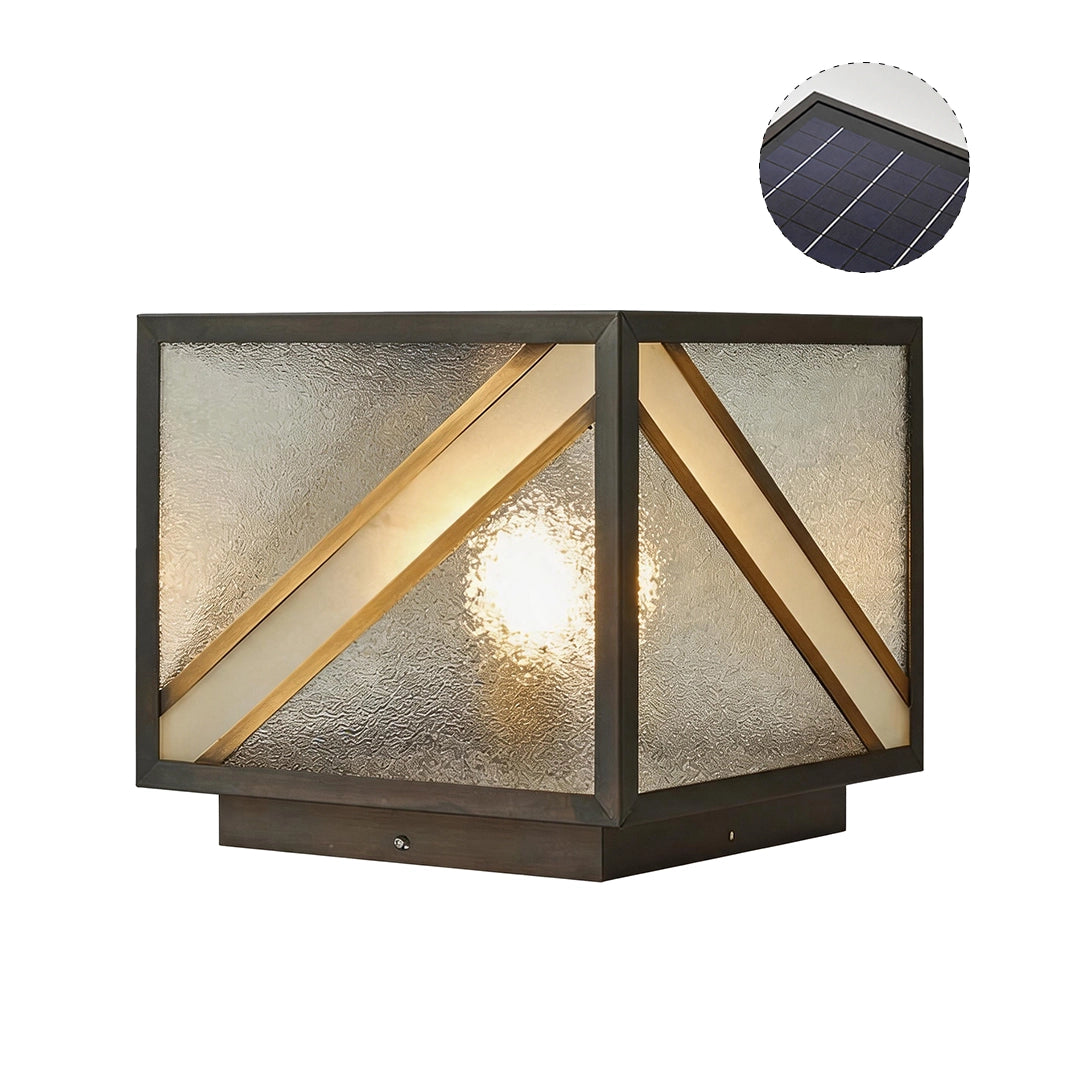 Contemporary solar pillar light with black frame textured glass and solar panel