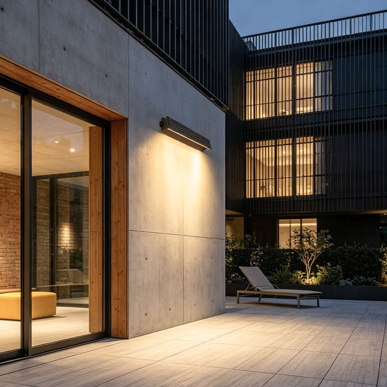 Contemporary patio seating area illuminated by solar wall outdoor lights at dusk.