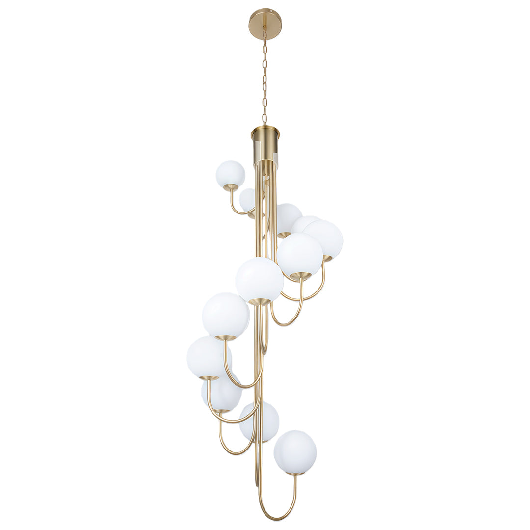 Contemporary spiral globe chandelier with minimalist gold structure and white glass spheres.