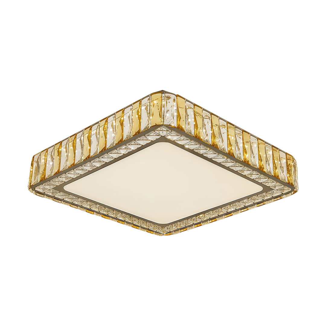 Contemporary square LED flush mounted ceiling lights featuring glass shade chandelier influence with luxurious gold detailing.