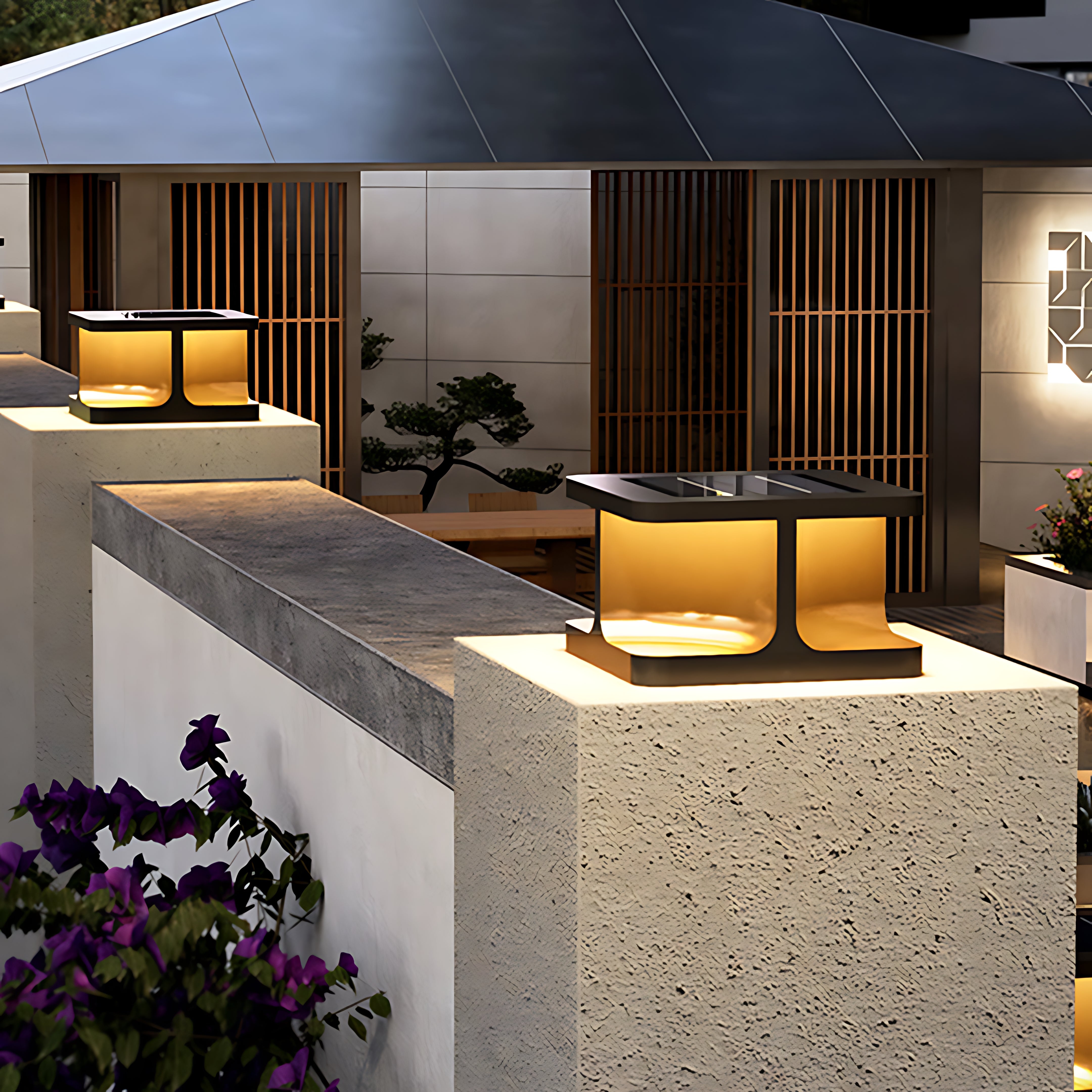 Contemporary square pillar rechargeable table lamps enhancing luxury outdoor residential landscape design