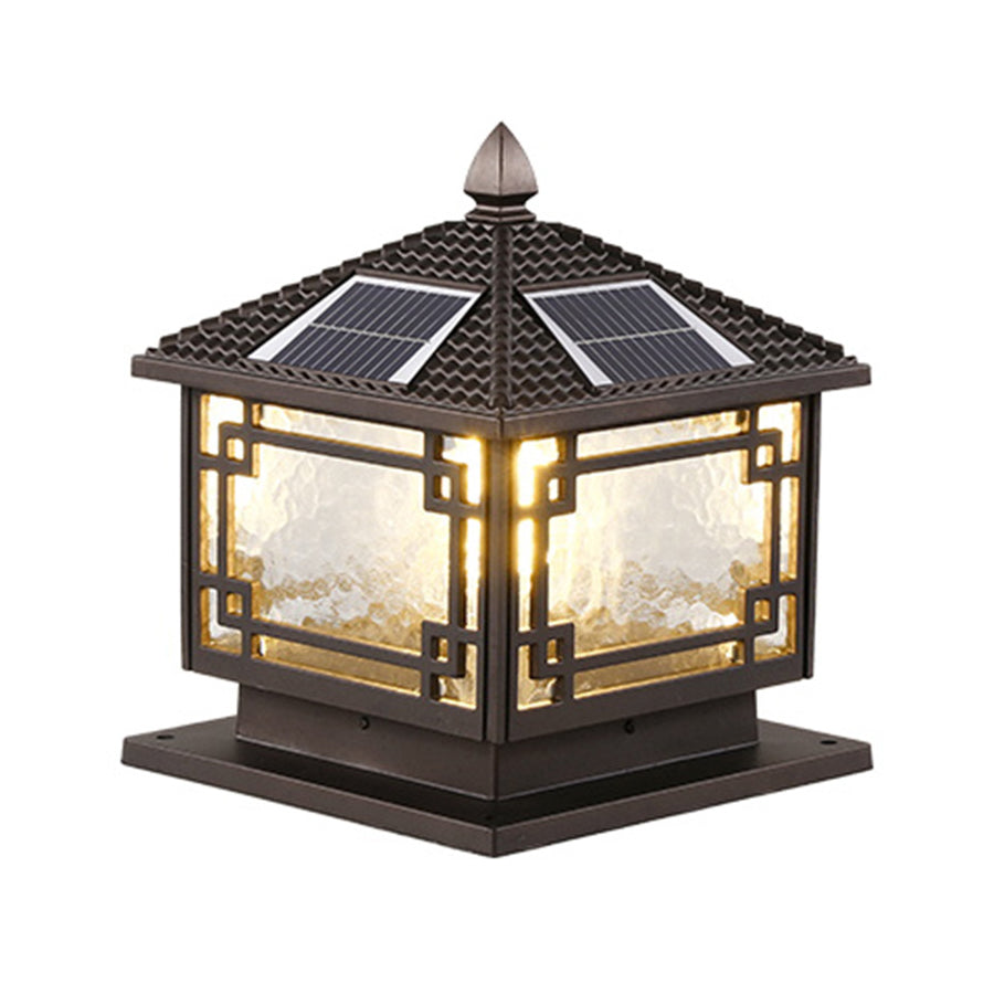 Contemporary square outdoor garden pillar light with glass panels and modern black frame design