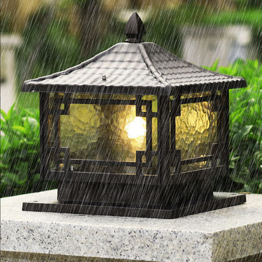 Contemporary square outdoor garden pillar light with textured glass panels and decorative grid pattern