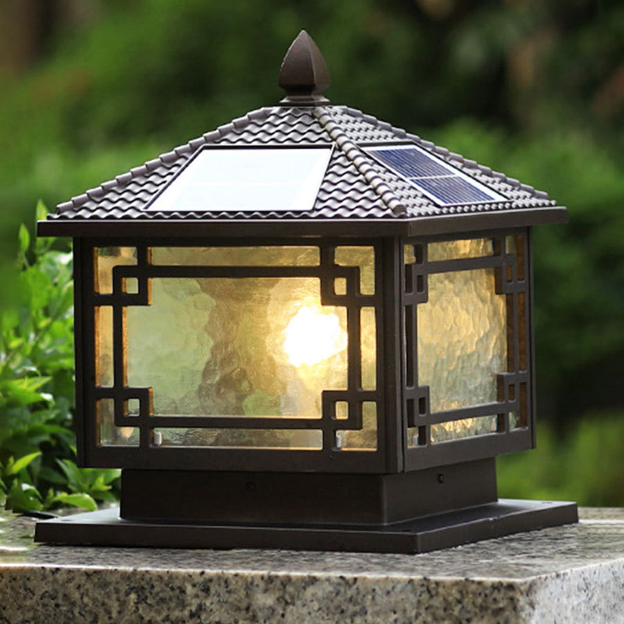 Contemporary square outdoor garden pillar light featuring modern design with warm ambient lighting effects