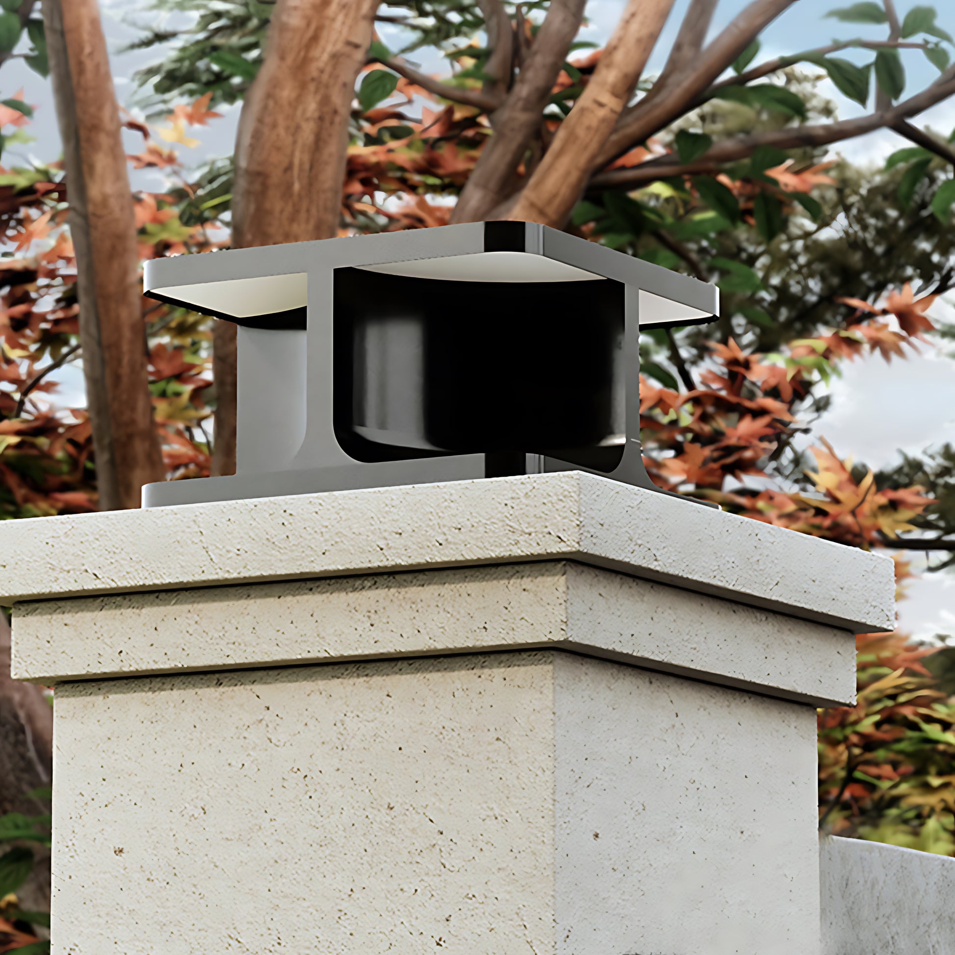Contemporary square pillar rechargeable table lamp installed on outdoor concrete post structure