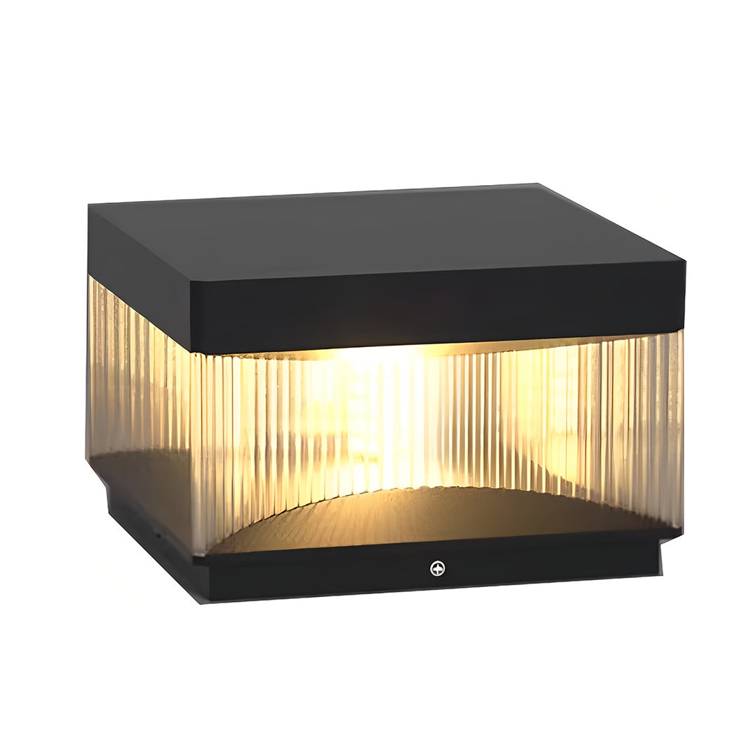 Contemporary square pillar lights featuring charcoal finish and textured illuminated front panel