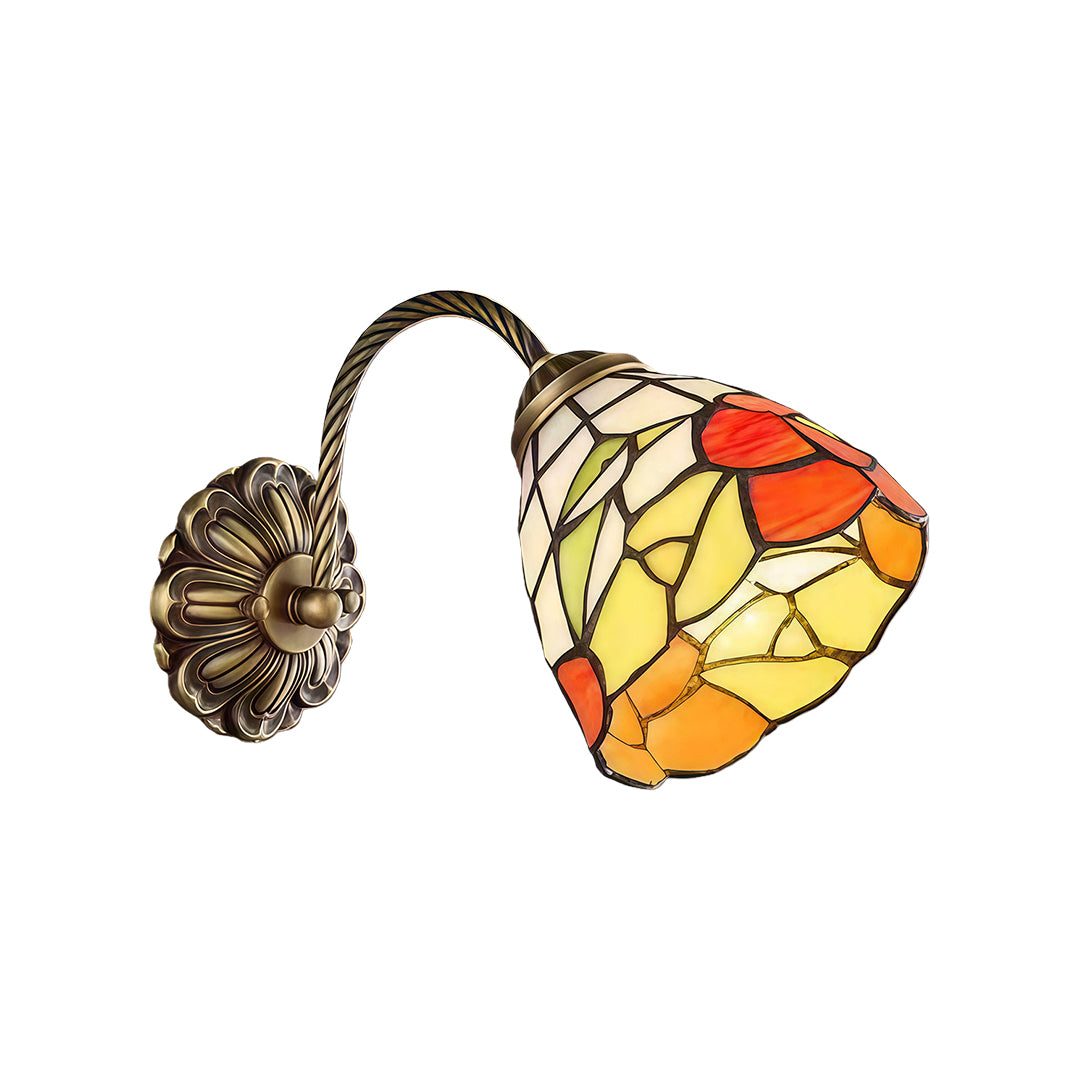 Contemporary stained glass wall sconce lighting with glass shade chandelier styling in warm amber and red tones with vintage brass.
