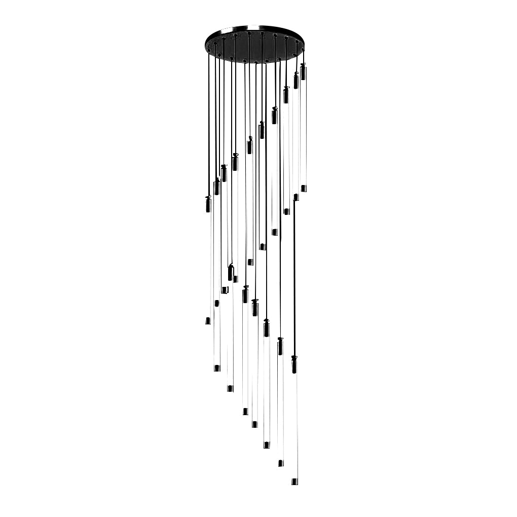 Contemporary staircase chandelier with cascading lights, providing ambient illumination.