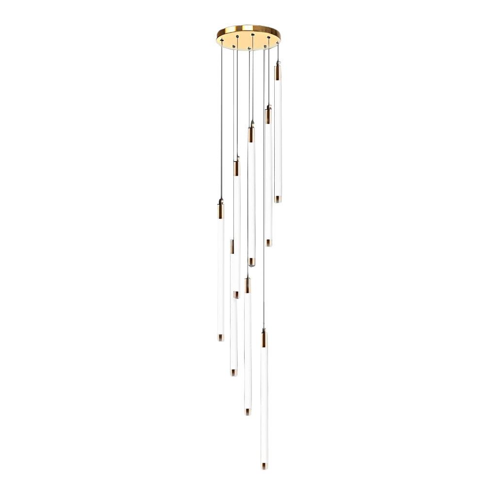 Contemporary staircase chandelier with gold-finished pendant lights, adding warmth to a staircase.