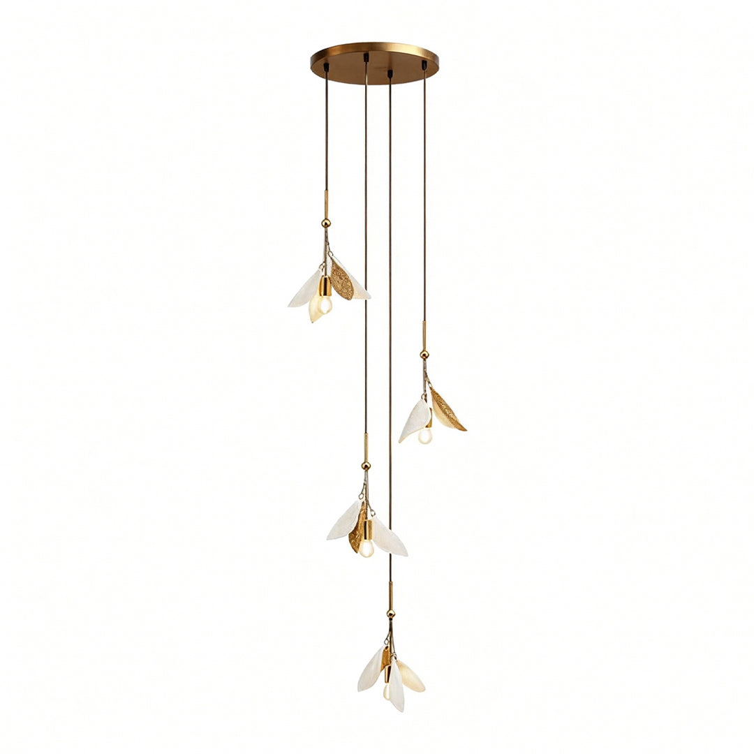 Contemporary staircase chandelier ideas featuring elongated drop design with scattered glass flower pendants in brass tone