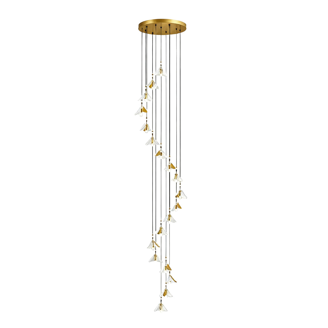 Contemporary staircase chandelier ideas with flowing vertical design and scattered glass flower elements in gold tones
