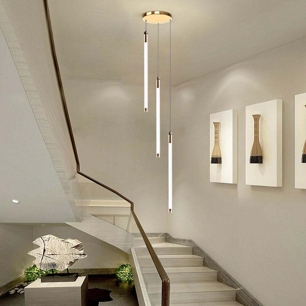 Contemporary staircase chandelier featuring minimalist pendant lights along a curved staircase.