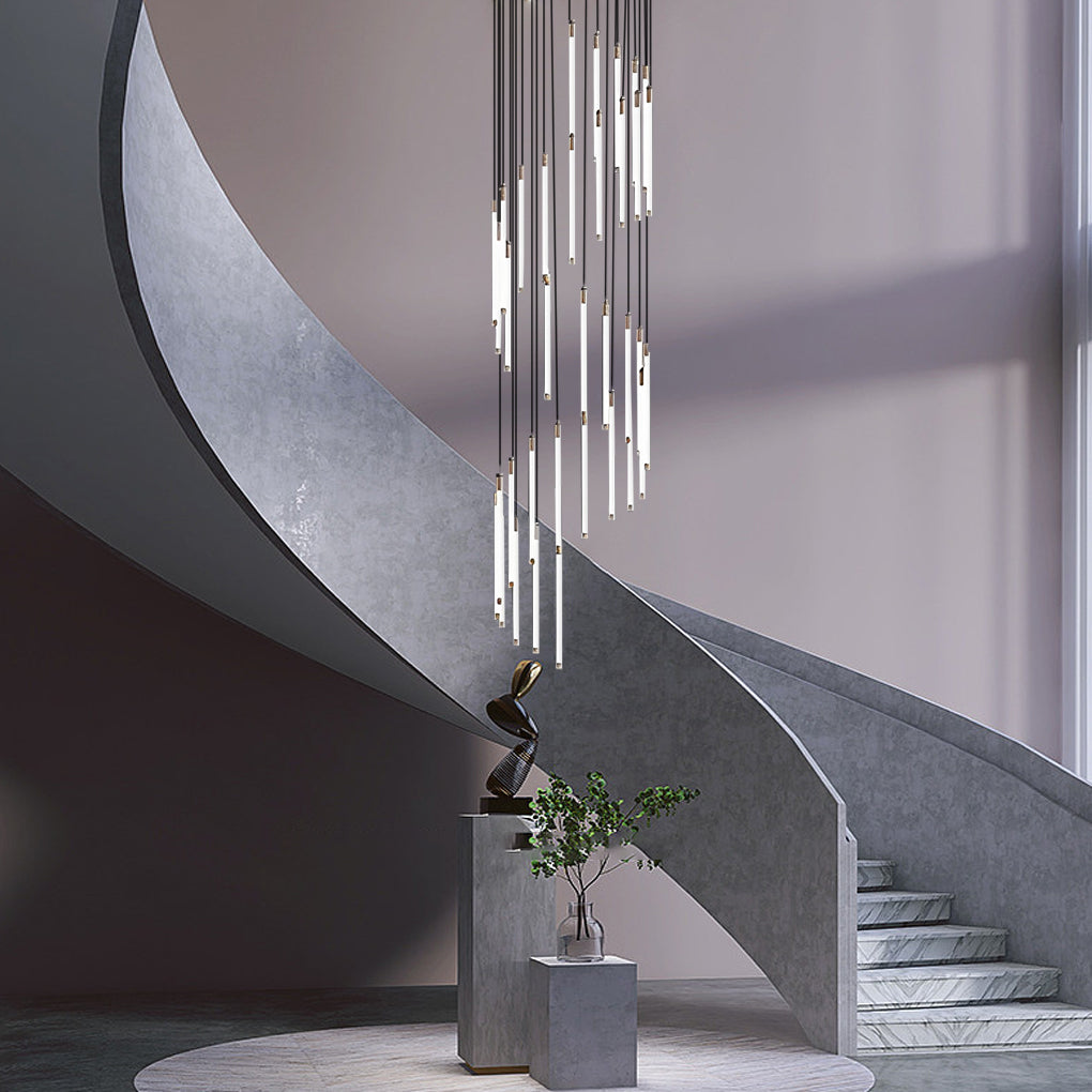Contemporary staircase chandelier featuring thin pendant lights, complementing a minimalist interior.