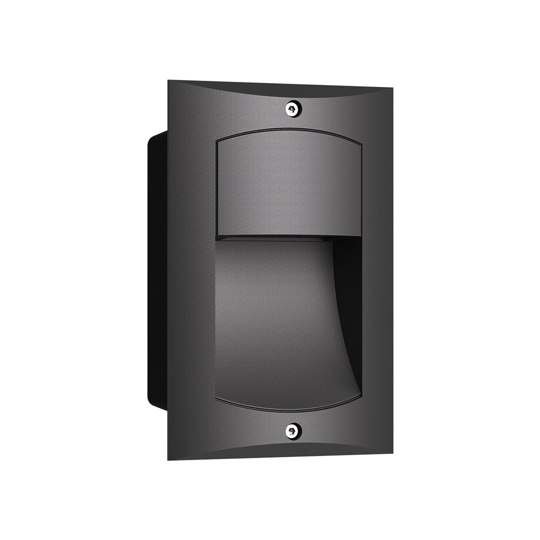 Black rectangular recessed wall light fixture with hooded design for directional outdoor illumination