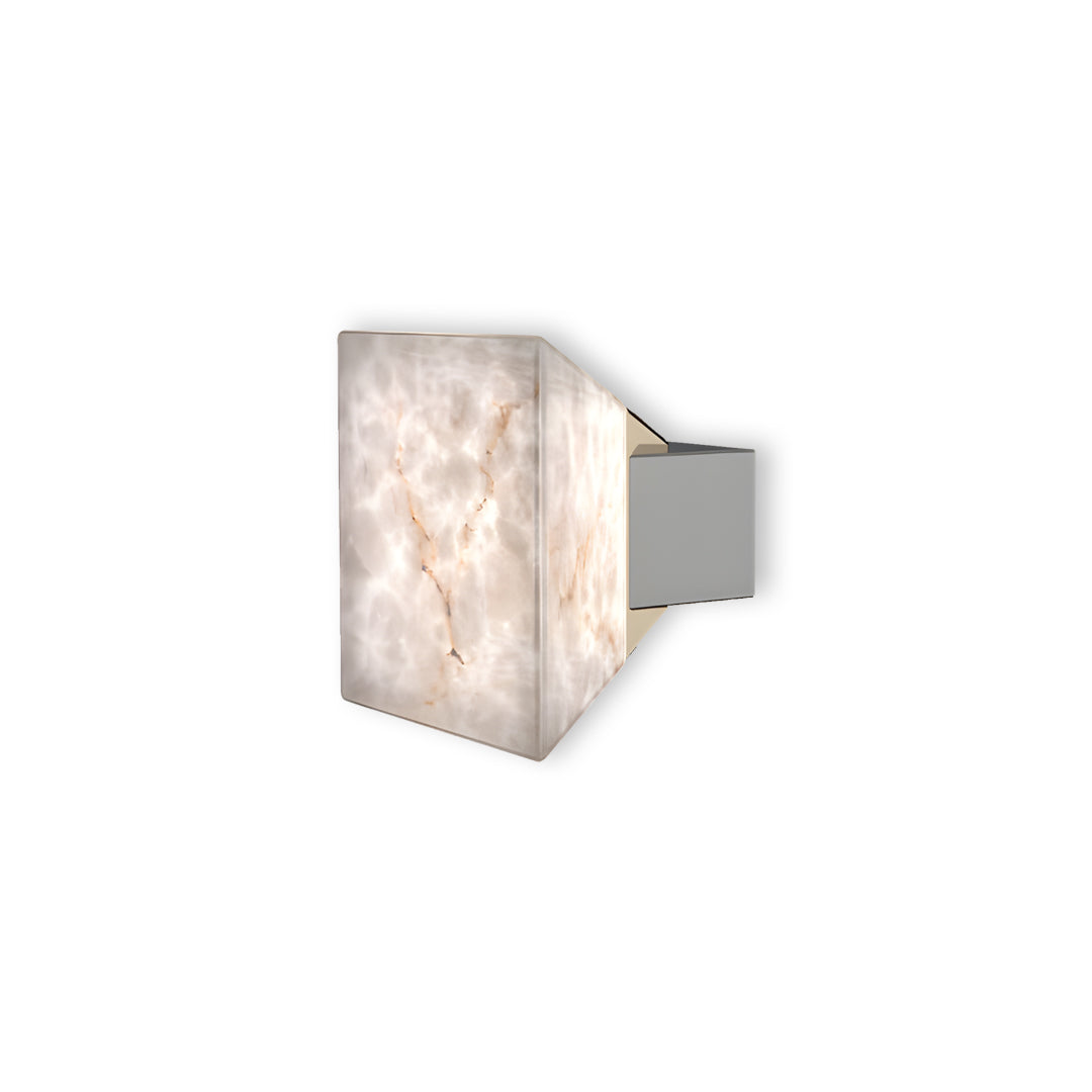 Contemporary stone wall sconce lighting with translucent alabaster shade in square form on metal bracket