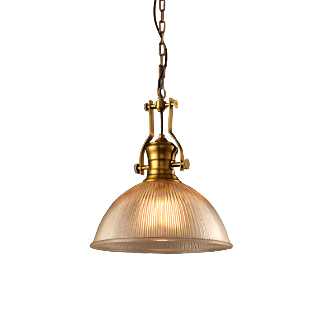 Contemporary textured glass pendant light with fluted dome design and brass finish for sophisticated lighting solutions, 12 inch width.