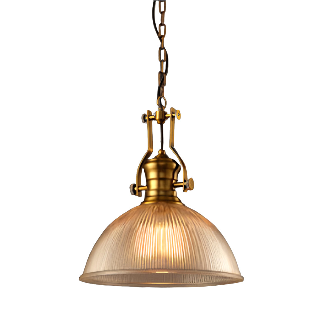 Contemporary textured glass pendant light with fluted dome design and brass finish for sophisticated lighting solutions, 15 inch width.