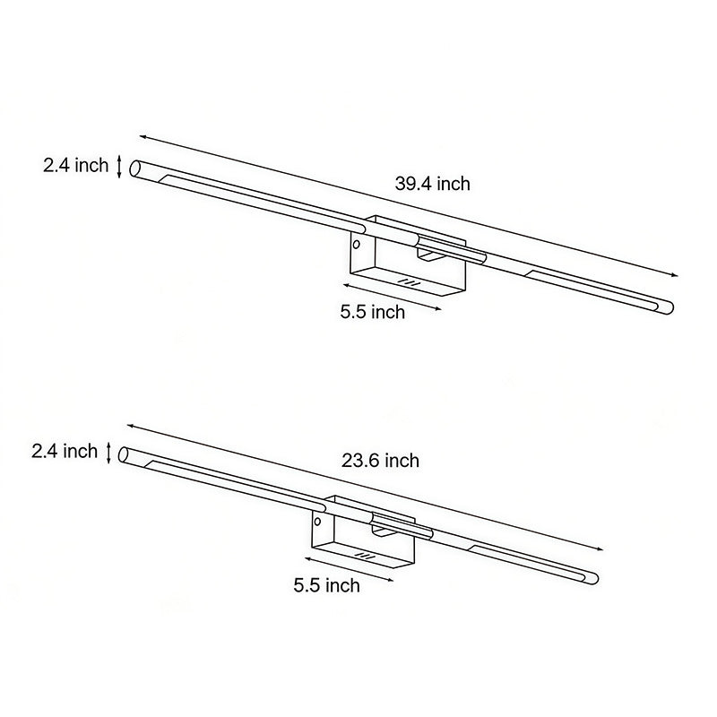 Line drawing of contemporary vanity light bar dimensions, providing installation specifications.