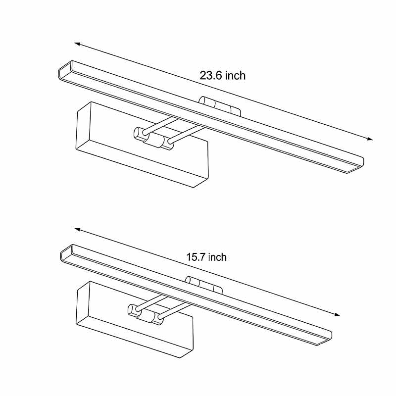 Technical diagram showing dimensions and structure of contemporary vanity light bar models.