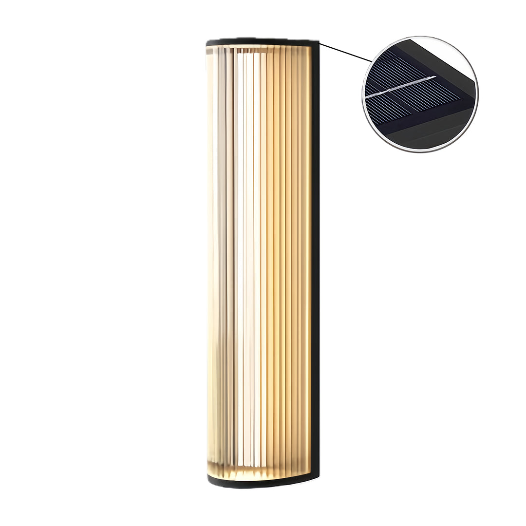 Contemporary vertical wall sconce lighting fixture isolated on white, with an inset showing the solar charging top.