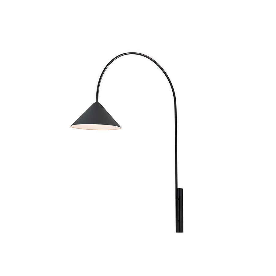 Contemporary wall arm light with curved black metal arm and triangular black shade suspended from ceiling mount.