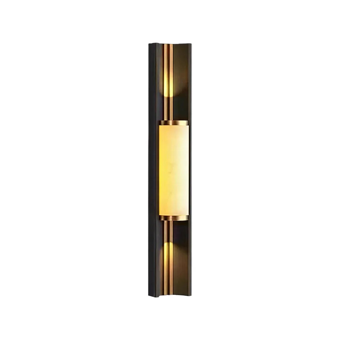 Contemporary wall light fixtures featuring an elongated profile with warm light and dark metal accents.