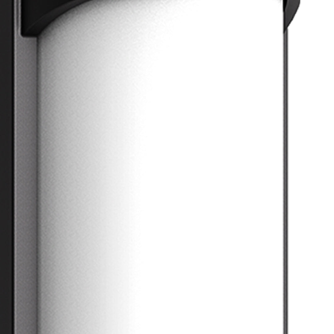Close-up view of contemporary wall light with matte black finish and frosted glass panel