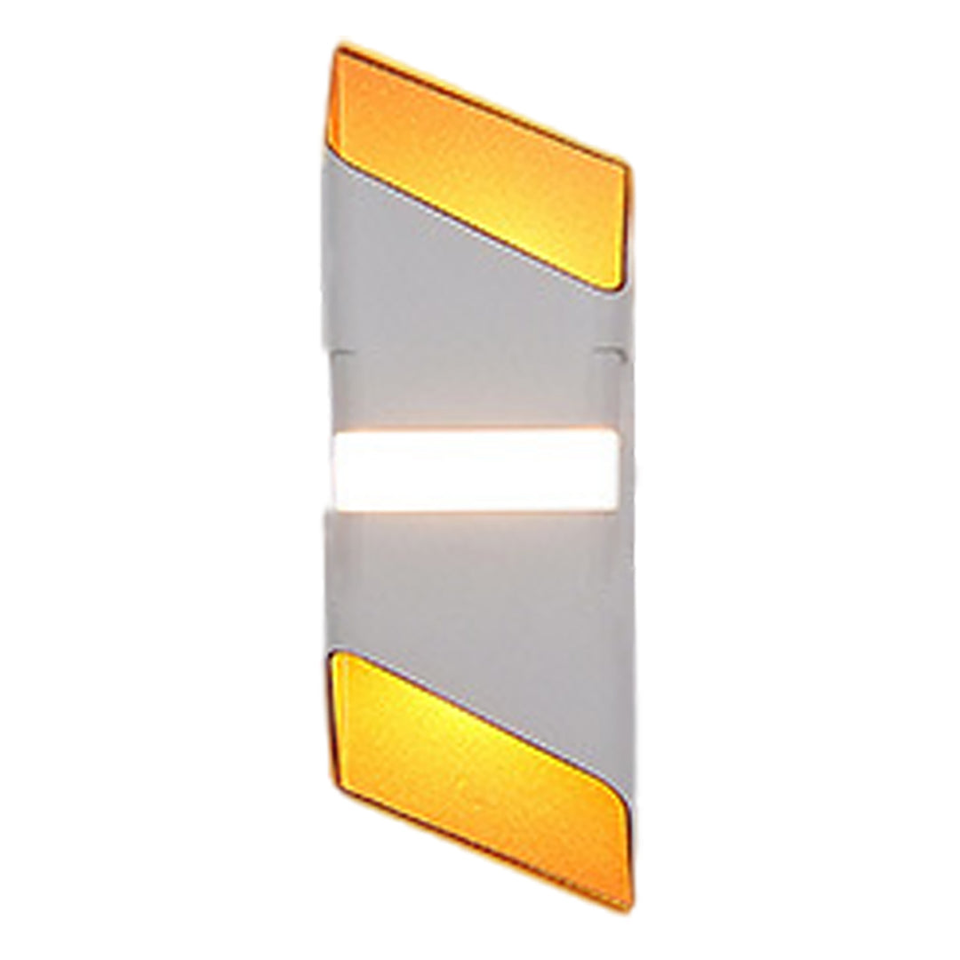 Contemporary wall light with silver and yellow layered design on white background