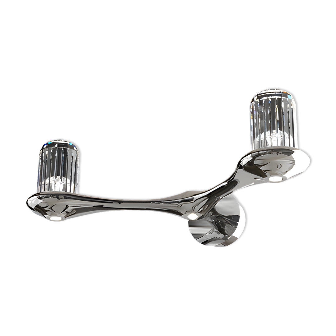 Contemporary wall lights with crystals displaying extended articulated arm with ribbed crystal glass cylinder shade