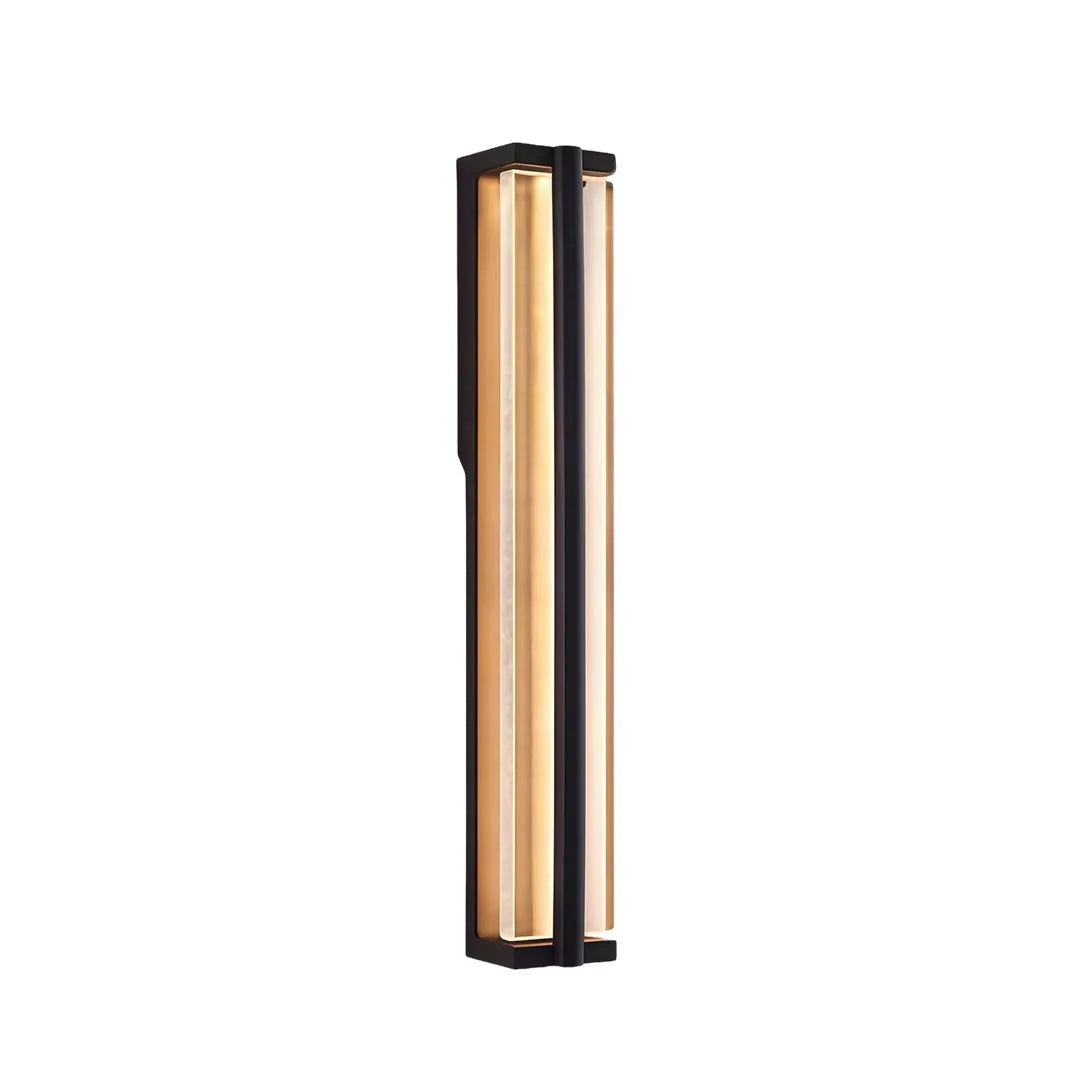 Contemporary wall mount outdoor lighting with a black aluminum frame and warm LED diffuser.