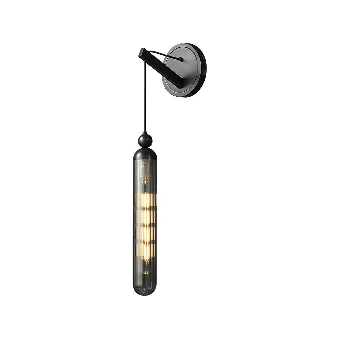 Contemporary wall mount pendant light with glass shade chandelier styling in matte black finish with adjustable arm design.