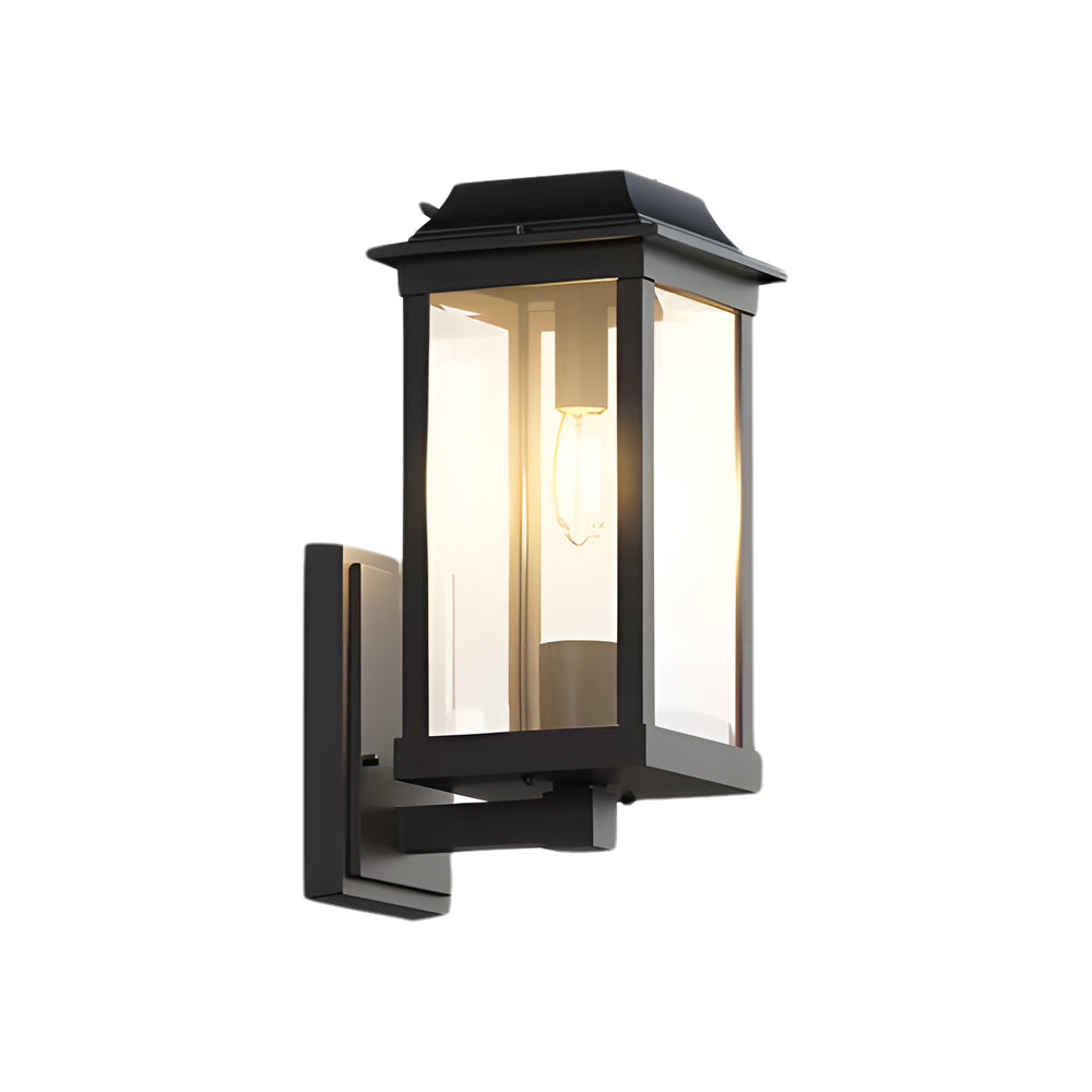 Contemporary wall-mounted light fixture featuring dark frame with warm LED illumination and glass enclosure