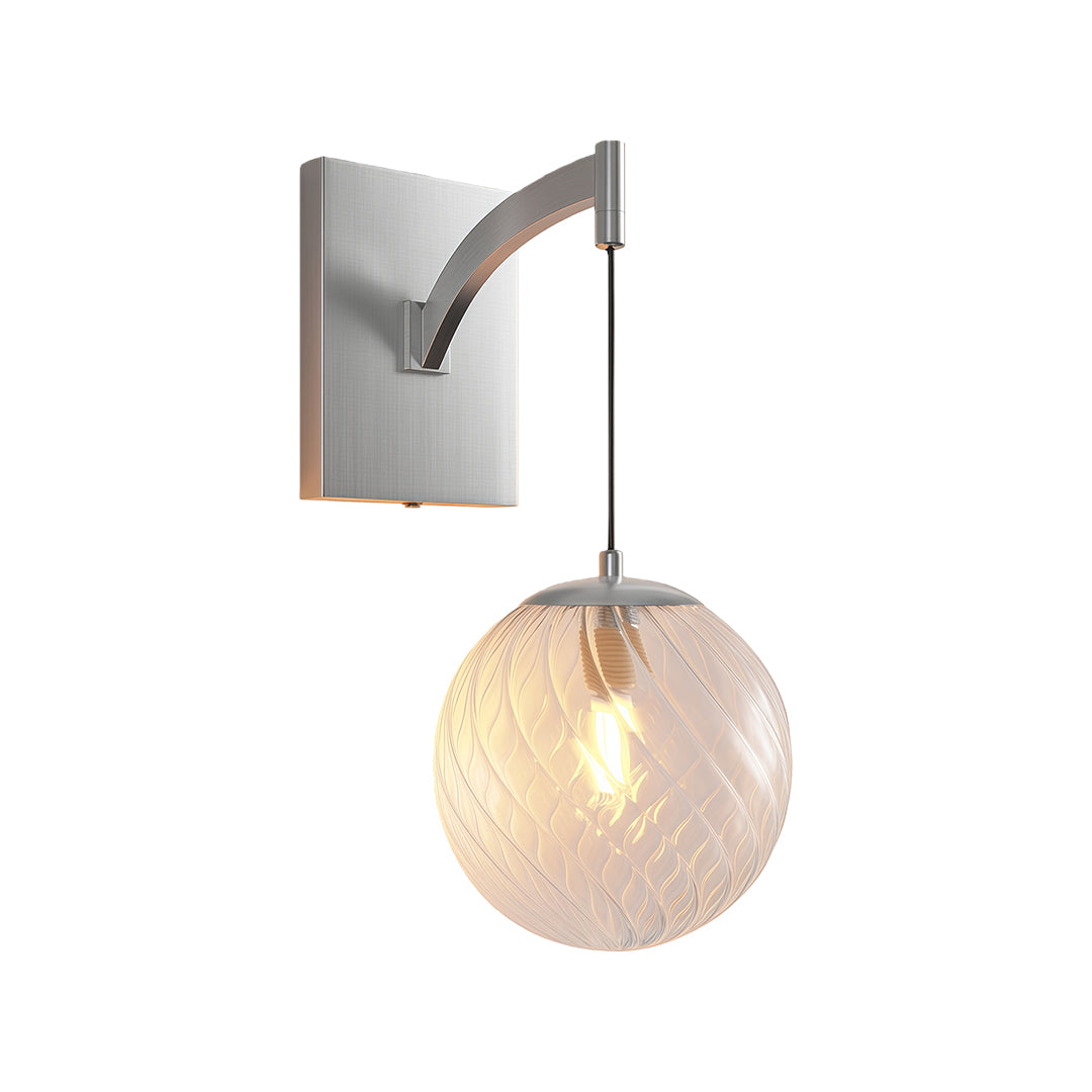 Contemporary wall mounted pendant light with glass shade chandelier styling in brushed nickel finish with textured glass sphere.