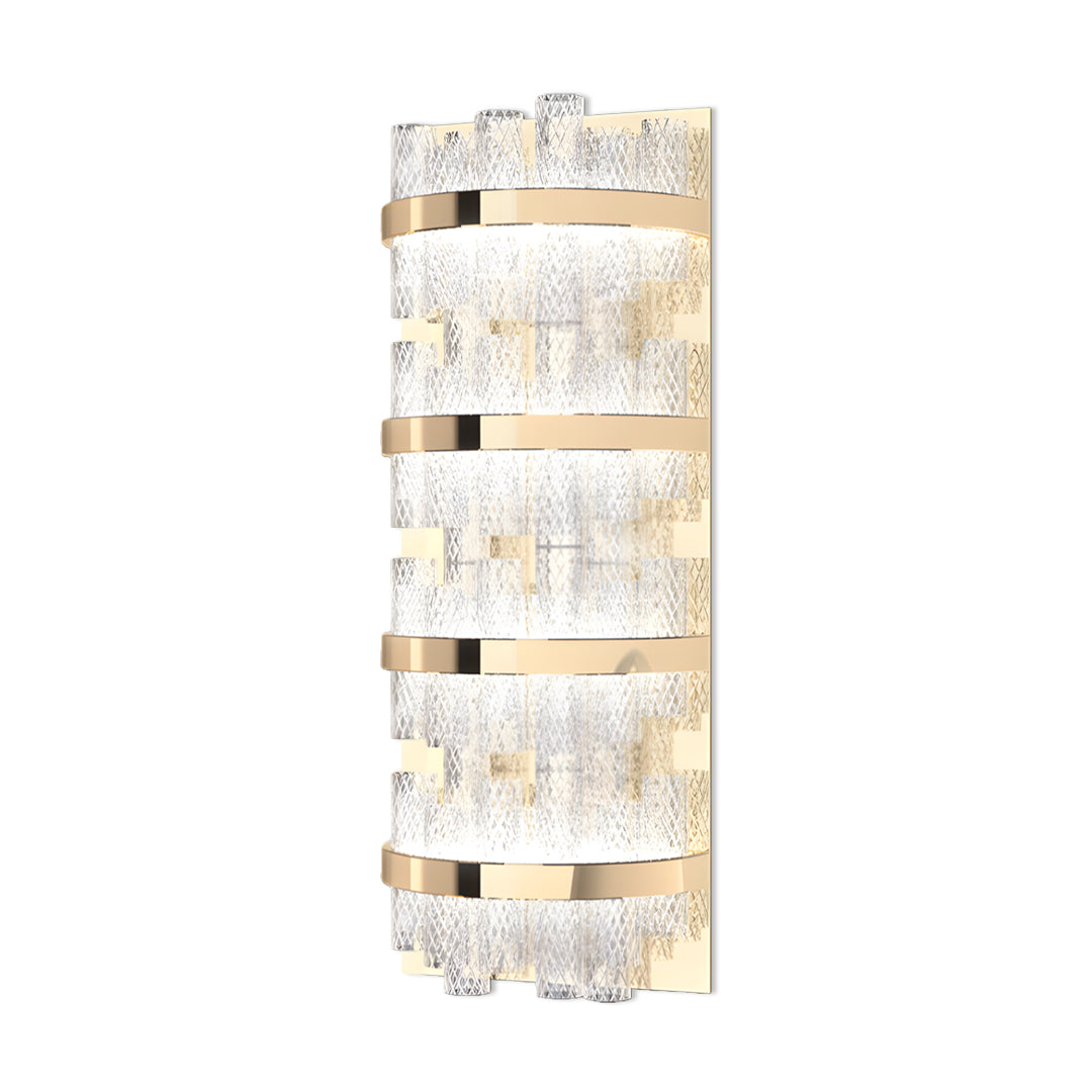 Contemporary wall sconce glass displaying vertical arrangement of square crystal glass elements with gold metal detailing