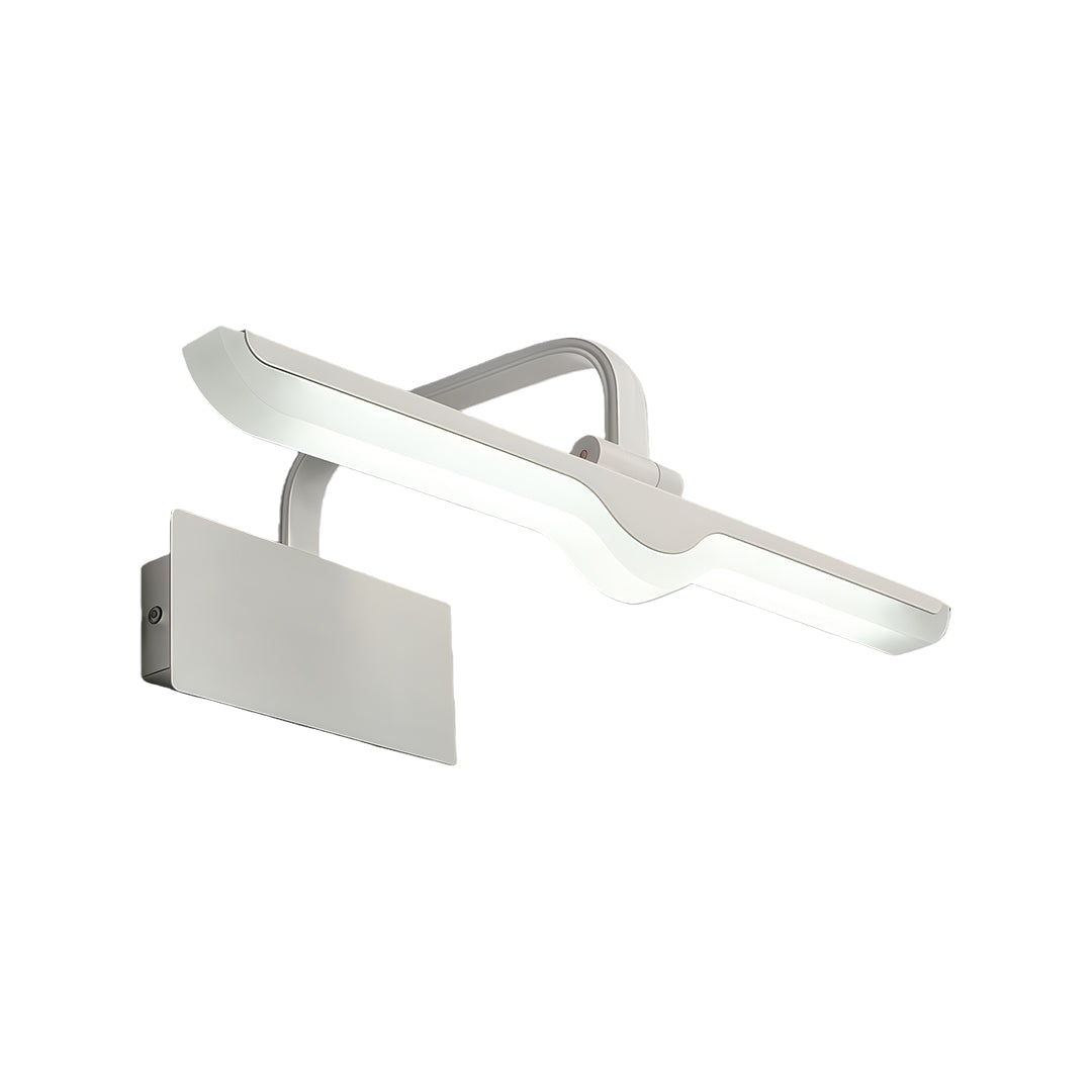 Contemporary white bathroom vanity light featuring angled LED strip with dotted pattern and chrome accents.