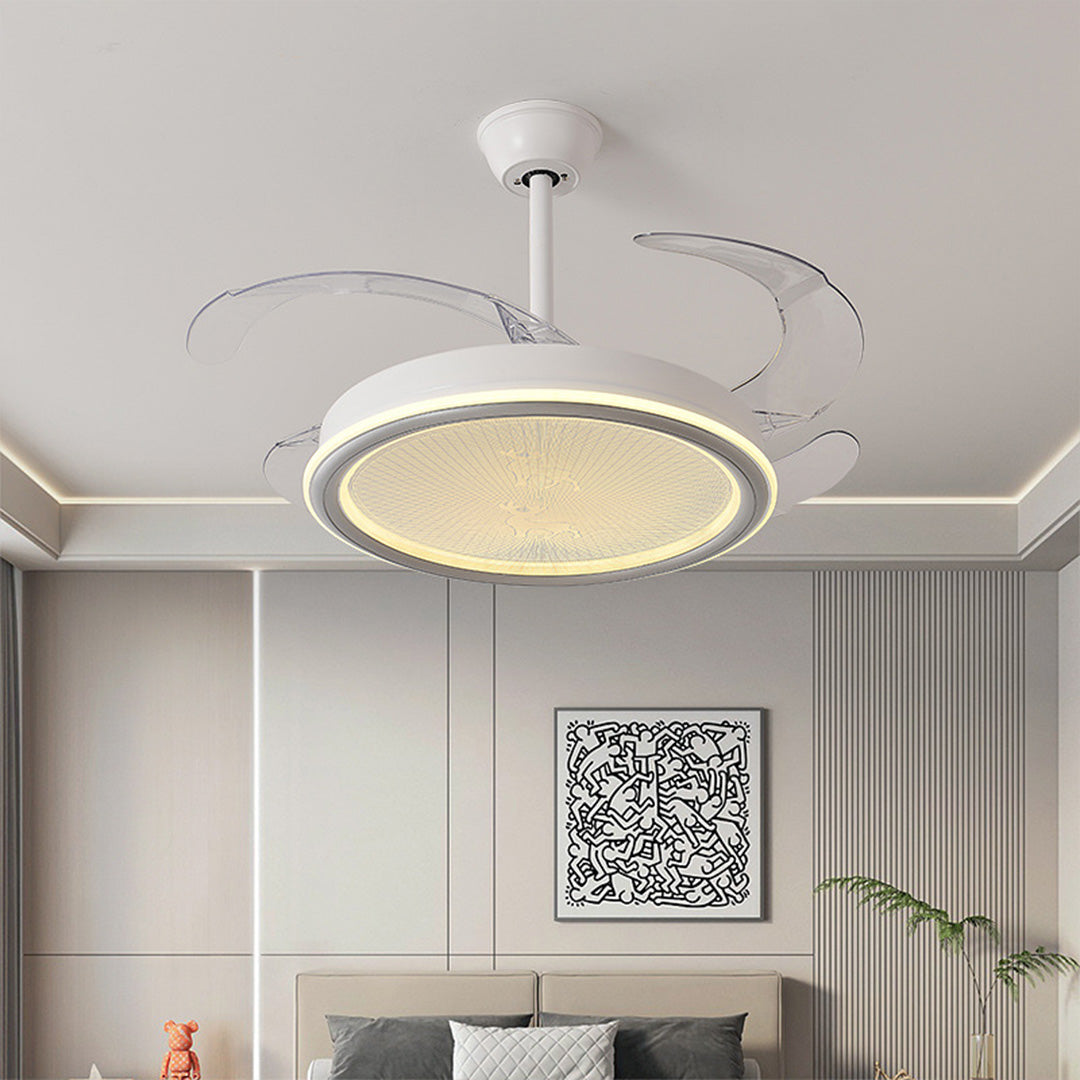 Contemporary white ceiling fans with light illuminating minimalist living space with artwork