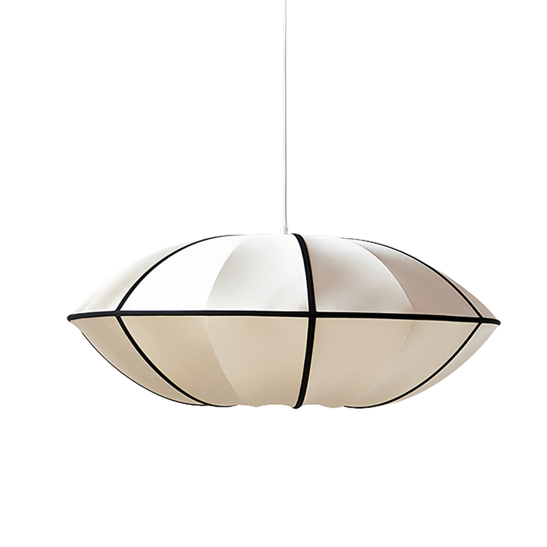 Contemporary fabric shade pendant light featuring white textile shade and metallic accents