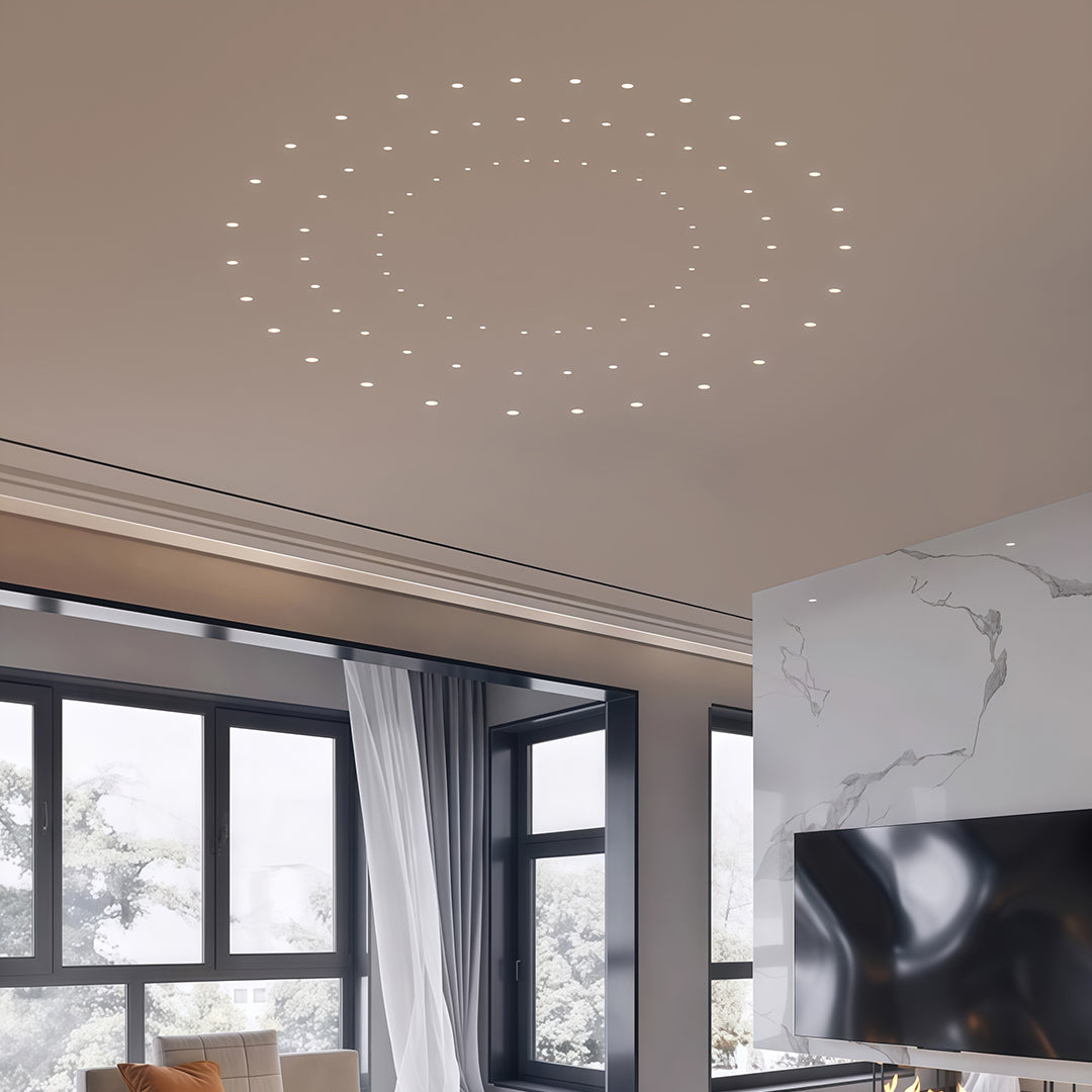 Contemporary white recessed glass shade chandelier light with subtle reflector design for ambient illumination.