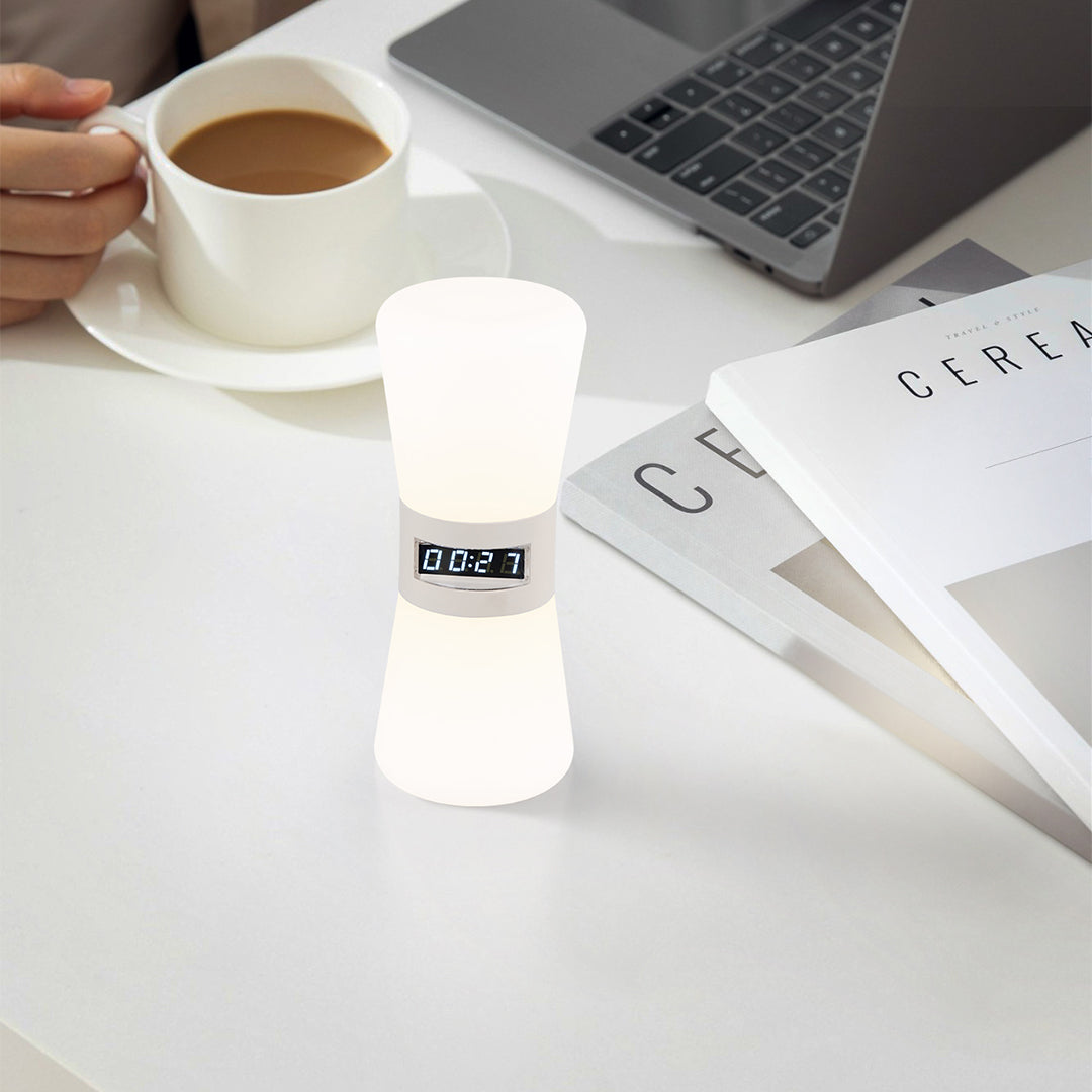 Contemporary white USB rechargeable table lamp providing focused task lighting for workspace